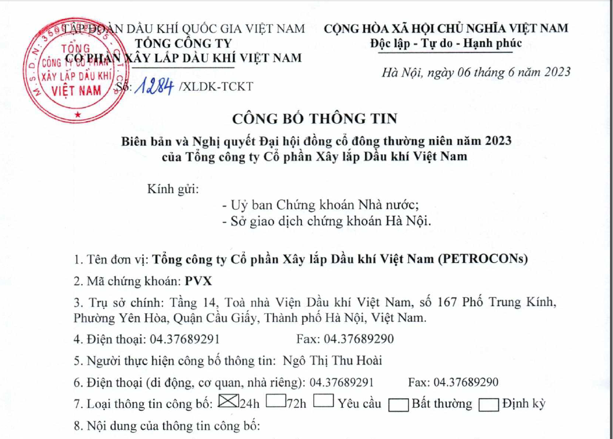 PVX CBTT PVX CBTT về Biên bản, Nghị quyết, tài liệu trình tại ĐHĐCĐ thường niên năm 2023 Đại hội đồng cổ đông thường niên năm 2023 của Tổng công ty Cổ phần Xây lắp Dầu khí Việt Nam